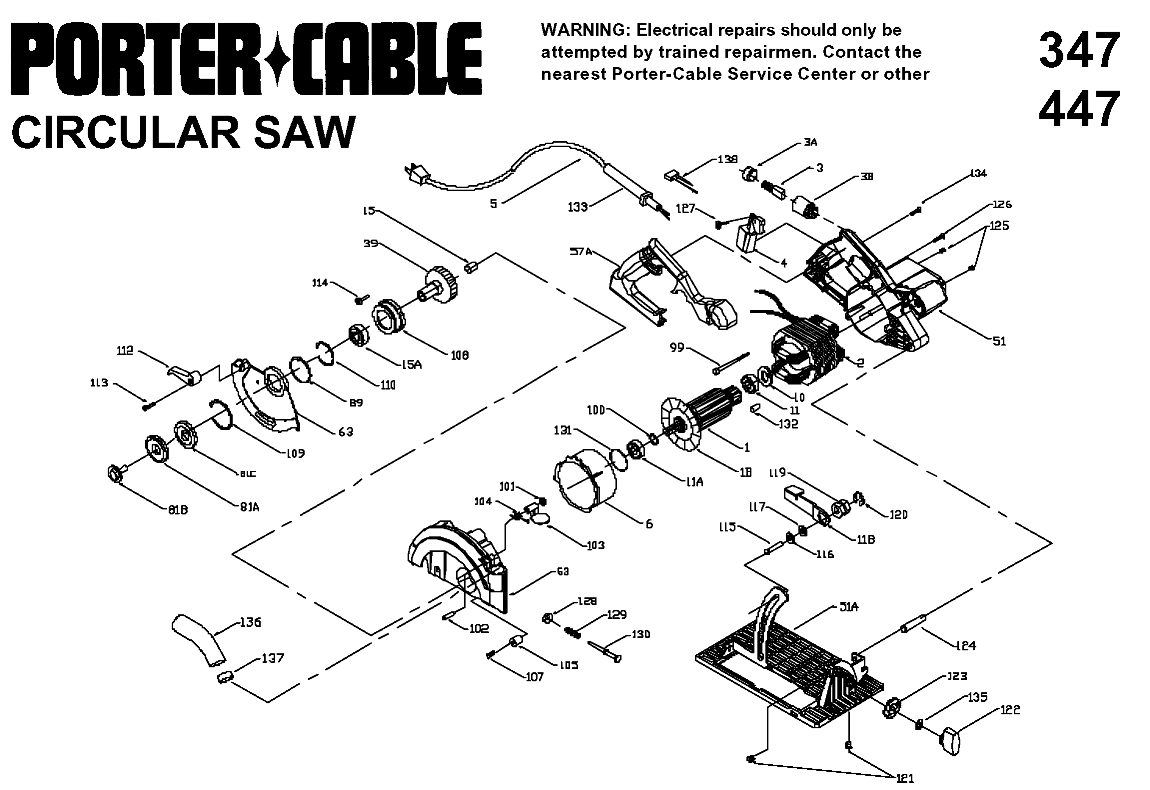 Default Diagram and Parts List for J-347 Type 1 Porter Cable Circular Saw